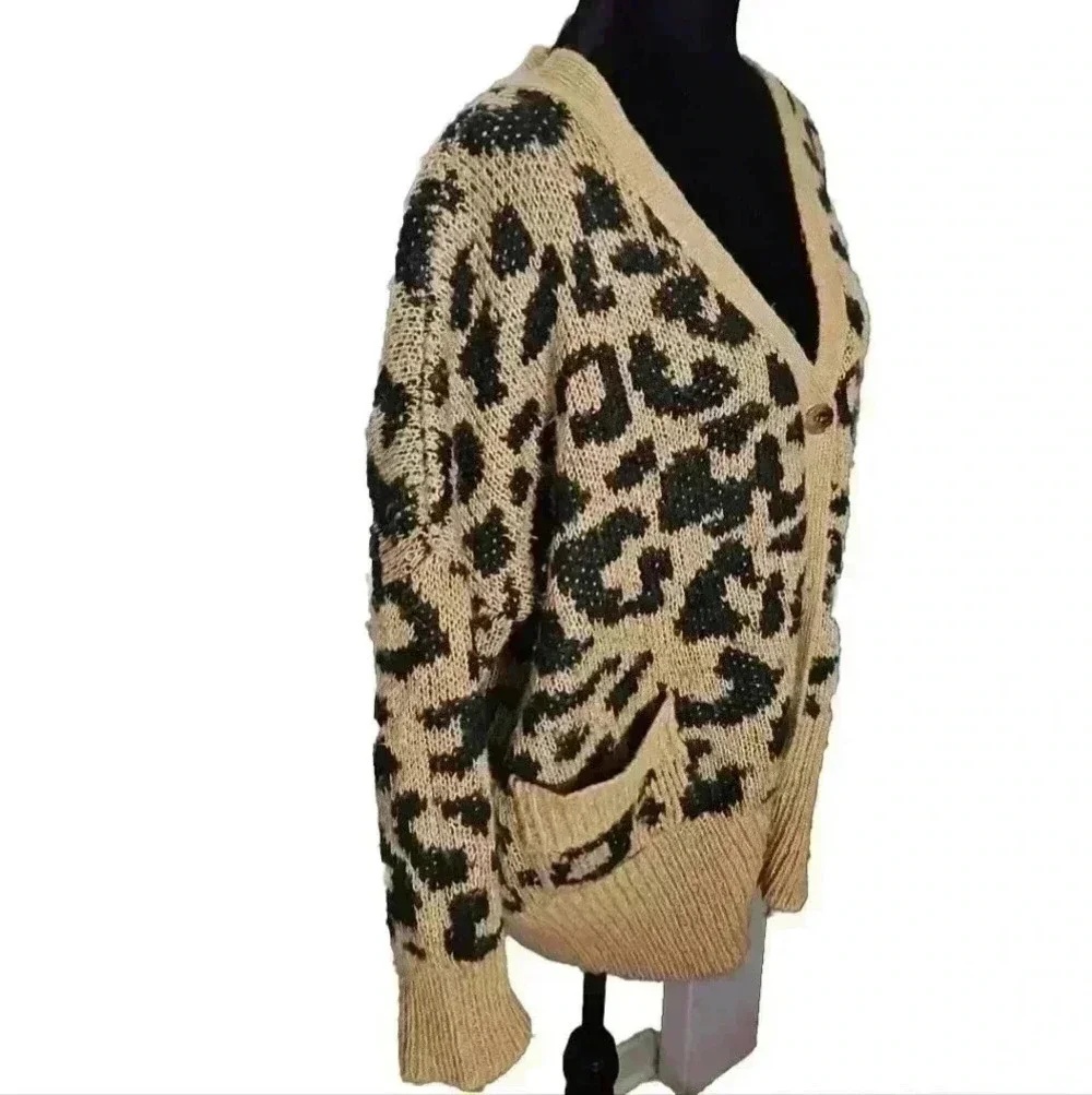Wildfox Womens Tan Roar Tilly Leopard Print Slouchy Soft Cardigan Sweater S